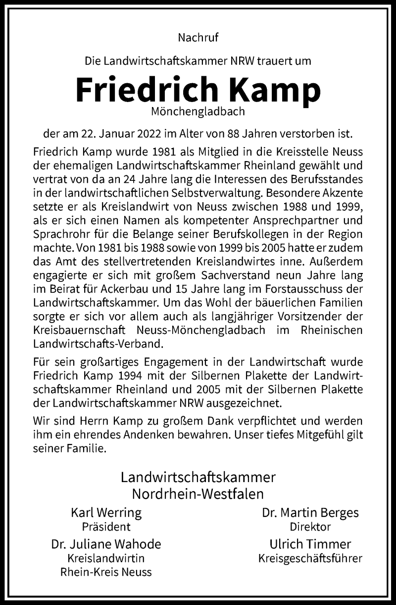  Traueranzeige für Friedrich Kamp vom 27.01.2022 aus Rheinische Post
