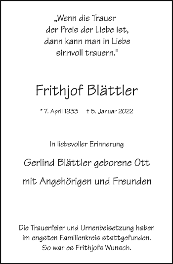 Traueranzeige von Frithjof Blättler von Rheinische Post