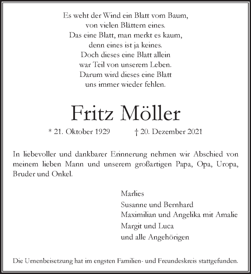  Traueranzeige für Fritz Möller vom 08.01.2022 aus Rheinische Post