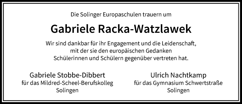  Traueranzeige für Gabriele Racka-Watzlawek vom 29.01.2022 aus Rheinische Post