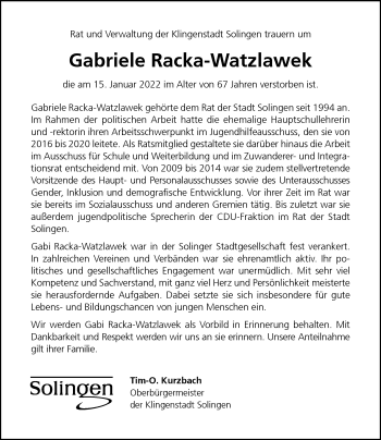 Traueranzeige von Gabriele Racka-Watzlawek von Rheinische Post