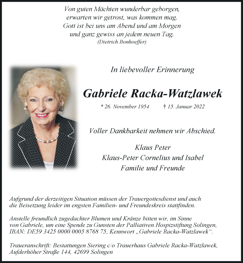  Traueranzeige für Gabriele Racka-Watzlawek vom 22.01.2022 aus Rheinische Post