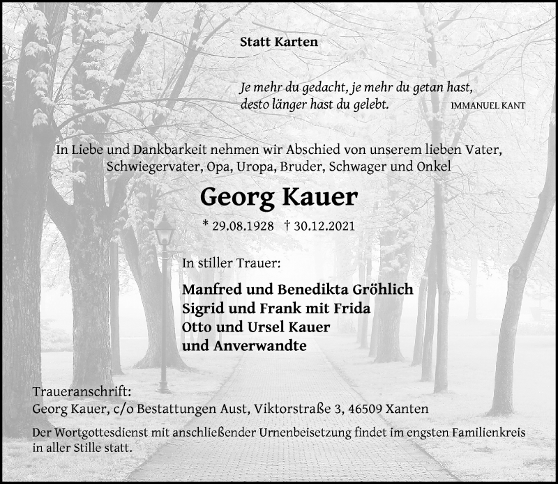  Traueranzeige für Georg Kauer vom 19.01.2022 aus Rheinische Post