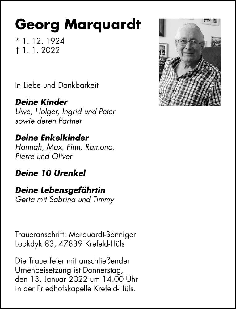  Traueranzeige für Georg Marquardt vom 08.01.2022 aus Rheinische Post