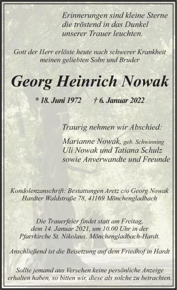 Traueranzeige von Georg Heinrich Nowak von Rheinische Post