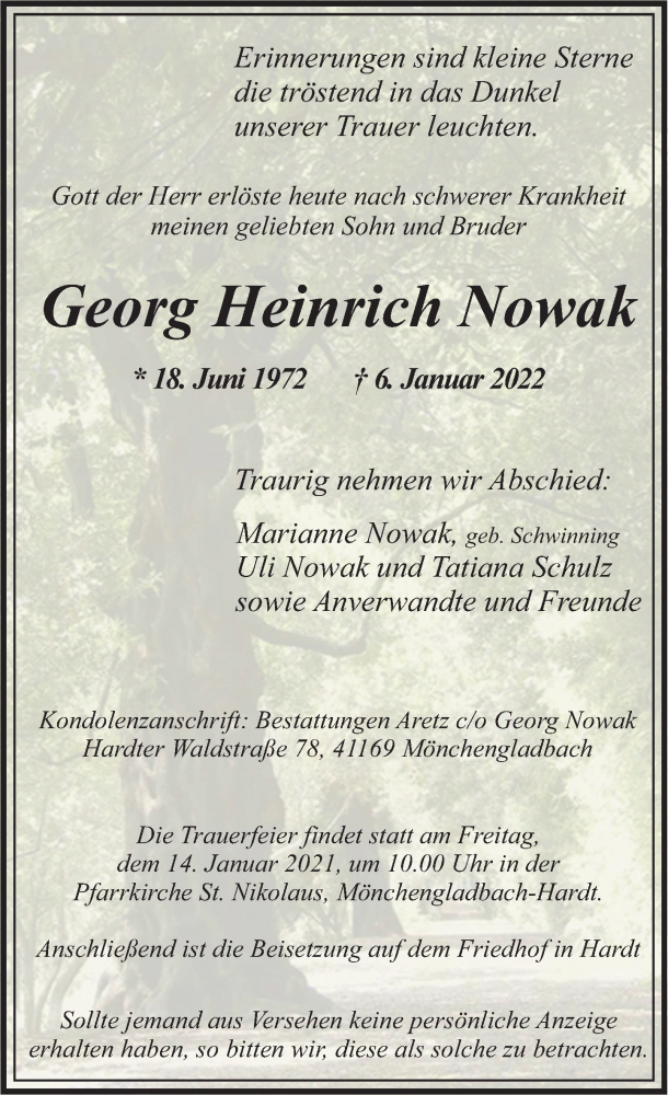  Traueranzeige für Georg Heinrich Nowak vom 08.01.2022 aus Rheinische Post