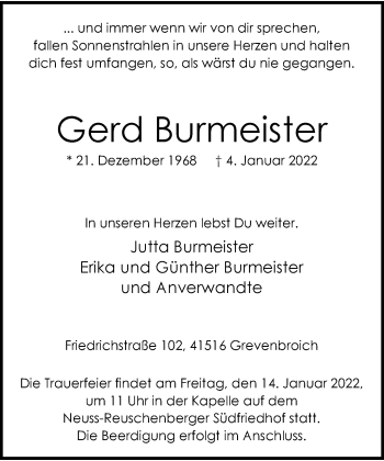 Traueranzeige von Gerd Burmeister von Rheinische Post