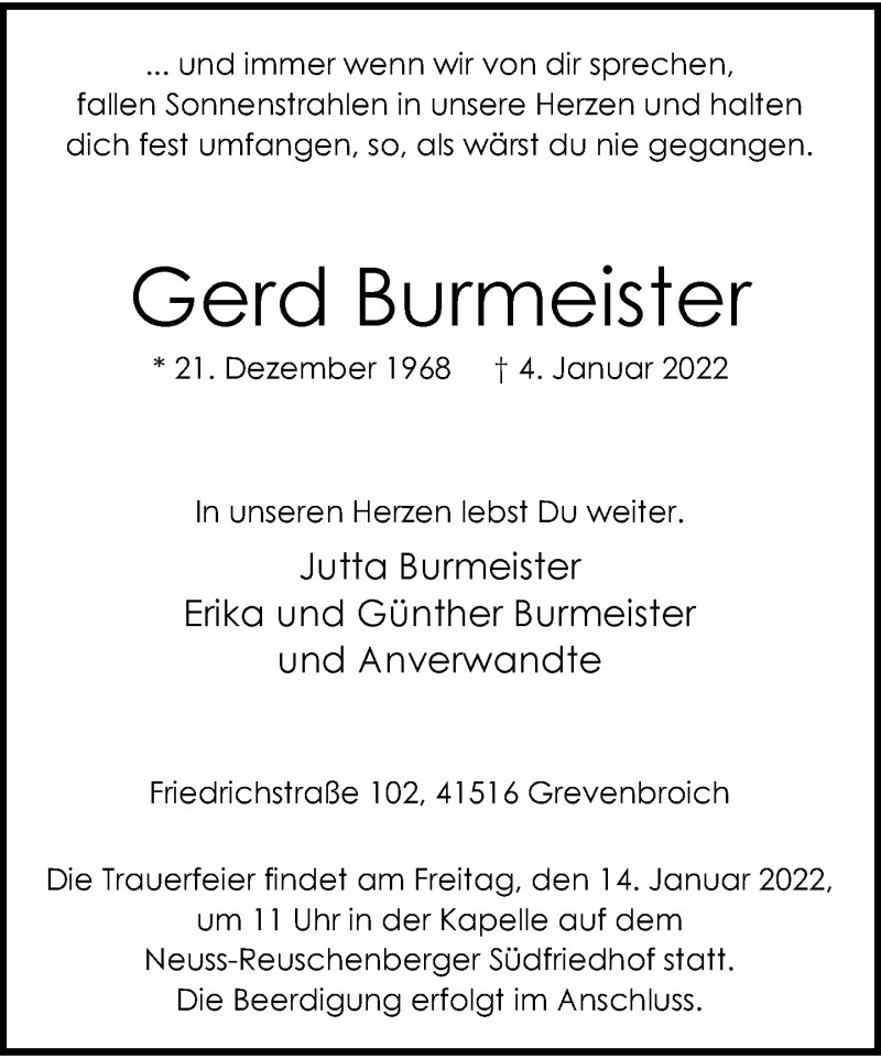  Traueranzeige für Gerd Burmeister vom 08.01.2022 aus Rheinische Post