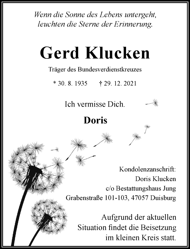  Traueranzeige für Gerd Klucken vom 08.01.2022 aus Rheinische Post