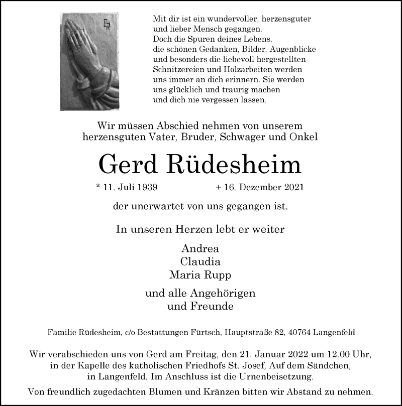  Traueranzeige für Gerd Rüdesheim vom 08.01.2022 aus Rheinische Post