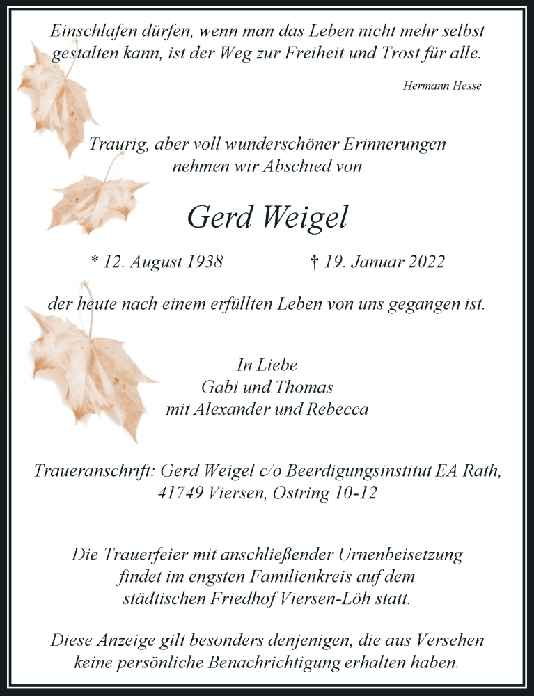  Traueranzeige für Gerd Weigel vom 22.01.2022 aus Rheinische Post