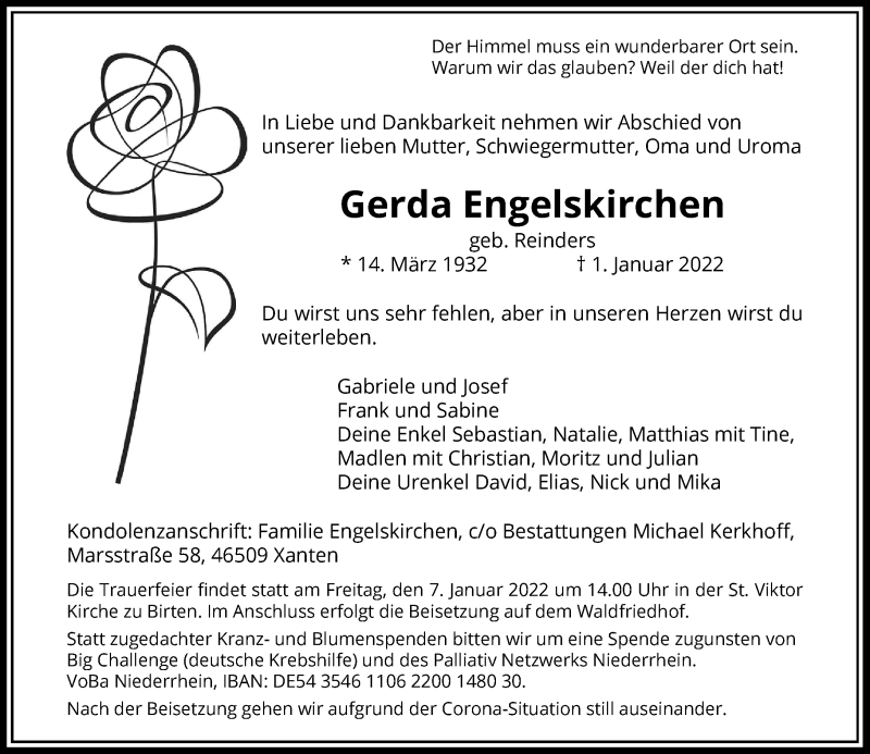  Traueranzeige für Gerda Engelskirchen vom 04.01.2022 aus Rheinische Post