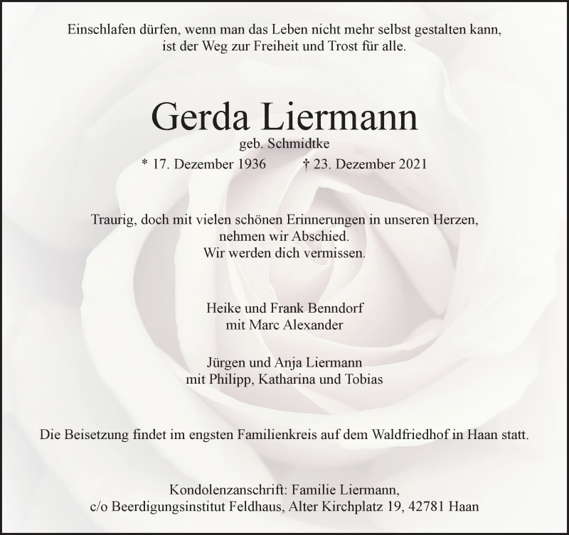  Traueranzeige für Gerda Liermann vom 08.01.2022 aus Rheinische Post