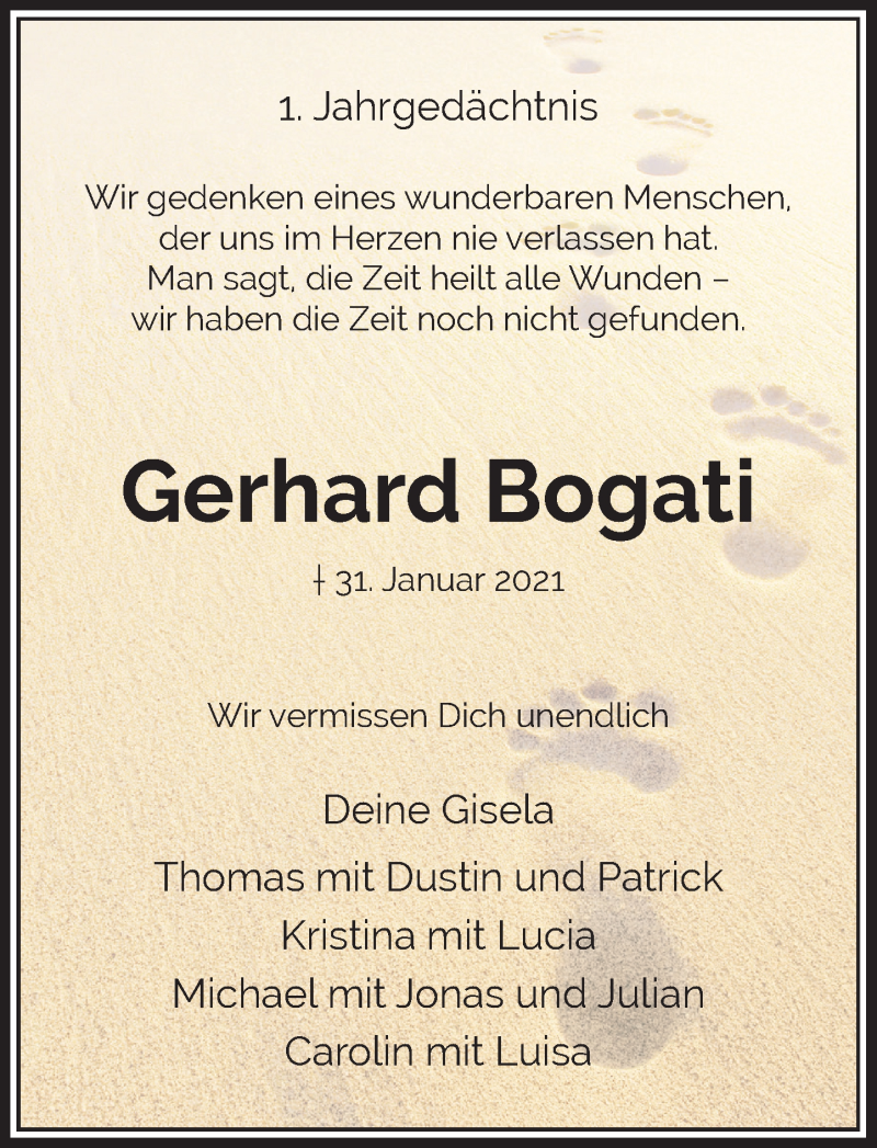  Traueranzeige für Gerhard Bogati vom 31.01.2022 aus Rheinische Post