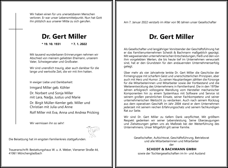  Traueranzeige für Gert Miller vom 15.01.2022 aus Rheinische Post
