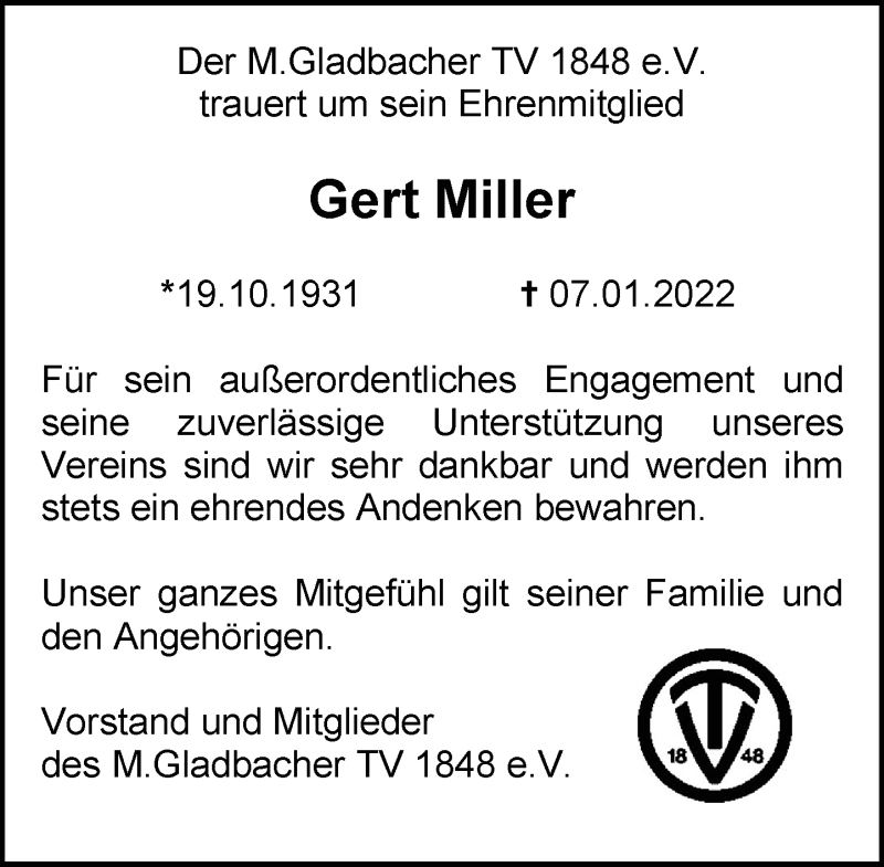 Traueranzeige für Gert Miller vom 22.01.2022 aus Rheinische Post