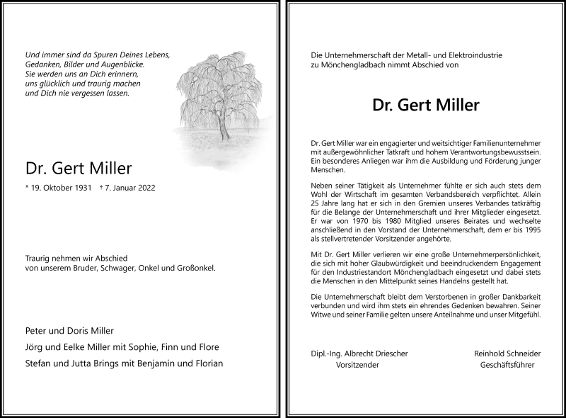  Traueranzeige für Gert Miller vom 15.01.2022 aus Rheinische Post