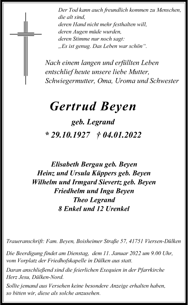  Traueranzeige für Gertrud Beyen vom 08.01.2022 aus Rheinische Post