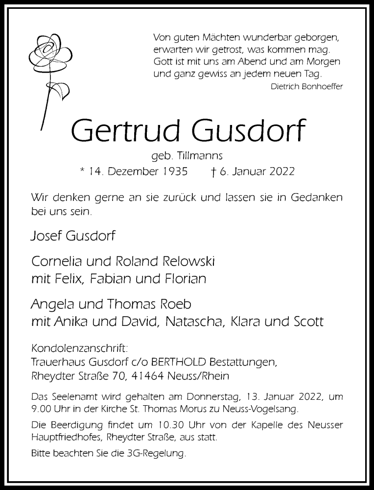  Traueranzeige für Gertrud Gusdorf vom 08.01.2022 aus Rheinische Post