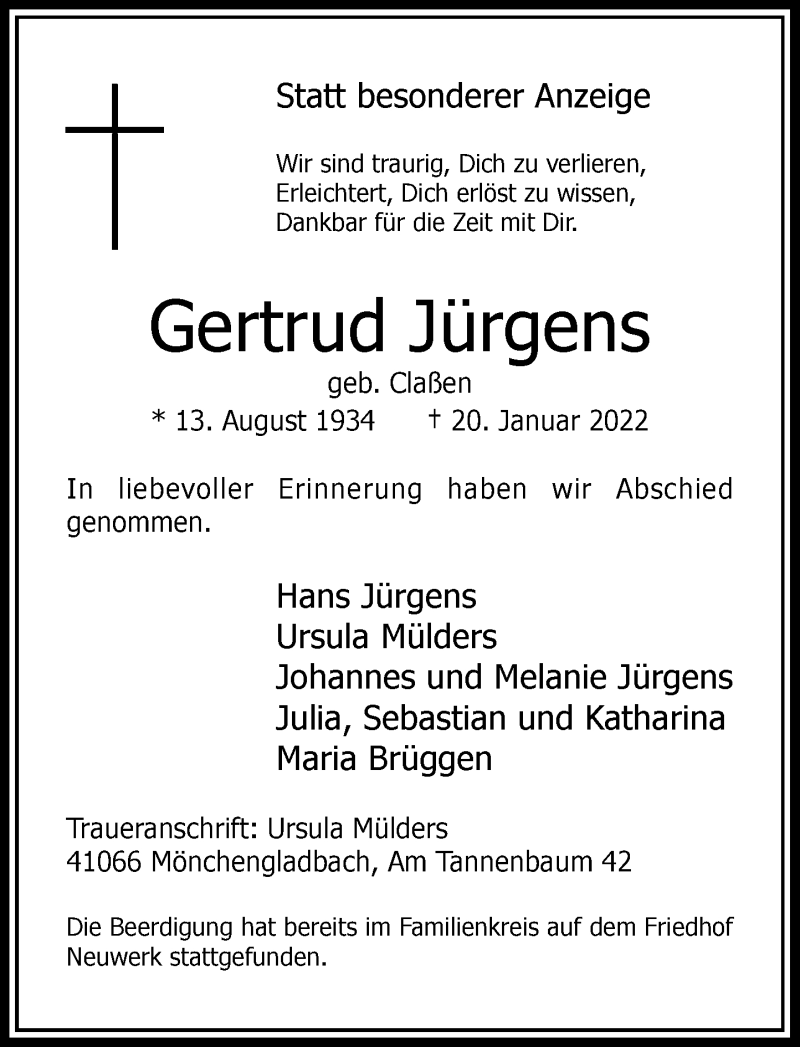  Traueranzeige für Gertrud Jürgens vom 29.01.2022 aus Rheinische Post