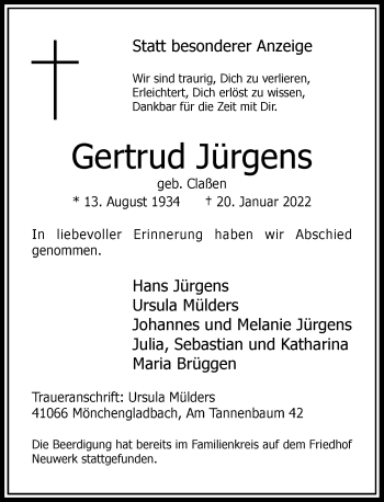 Traueranzeige von Gertrud Jürgens von Rheinische Post