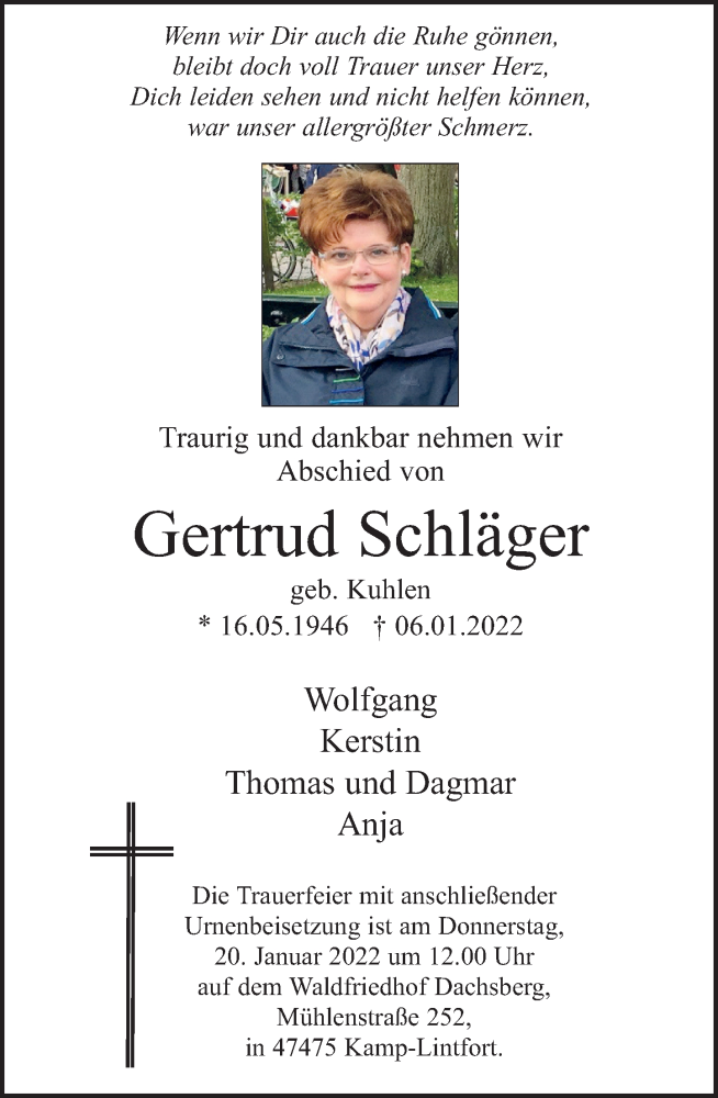  Traueranzeige für Gertrud Schläger vom 15.01.2022 aus Rheinische Post