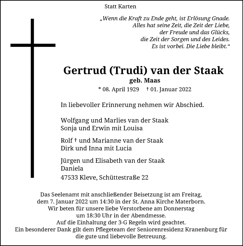  Traueranzeige für Gertrud van der Staak vom 04.01.2022 aus Rheinische Post