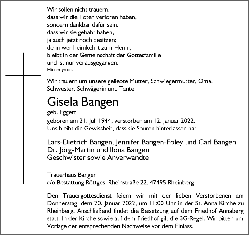  Traueranzeige für Gisela Bangen vom 15.01.2022 aus Rheinische Post