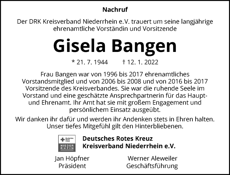  Traueranzeige für Gisela Bangen vom 20.01.2022 aus Rheinische Post
