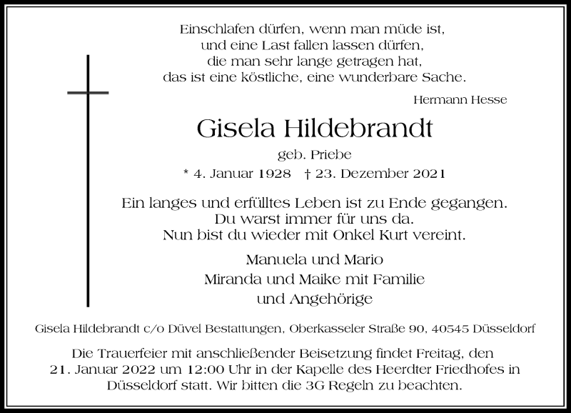  Traueranzeige für Gisela Hildebrandt vom 08.01.2022 aus Rheinische Post