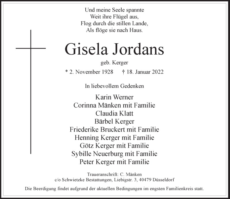  Traueranzeige für Gisela Jordans vom 22.01.2022 aus Rheinische Post