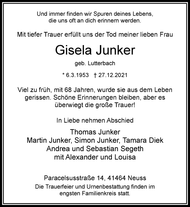  Traueranzeige für Gisela Junker vom 12.01.2022 aus Rheinische Post
