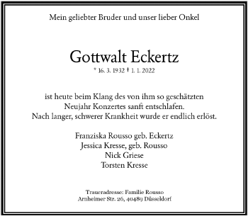 Traueranzeige von Gottwalt Eckertz von Rheinische Post