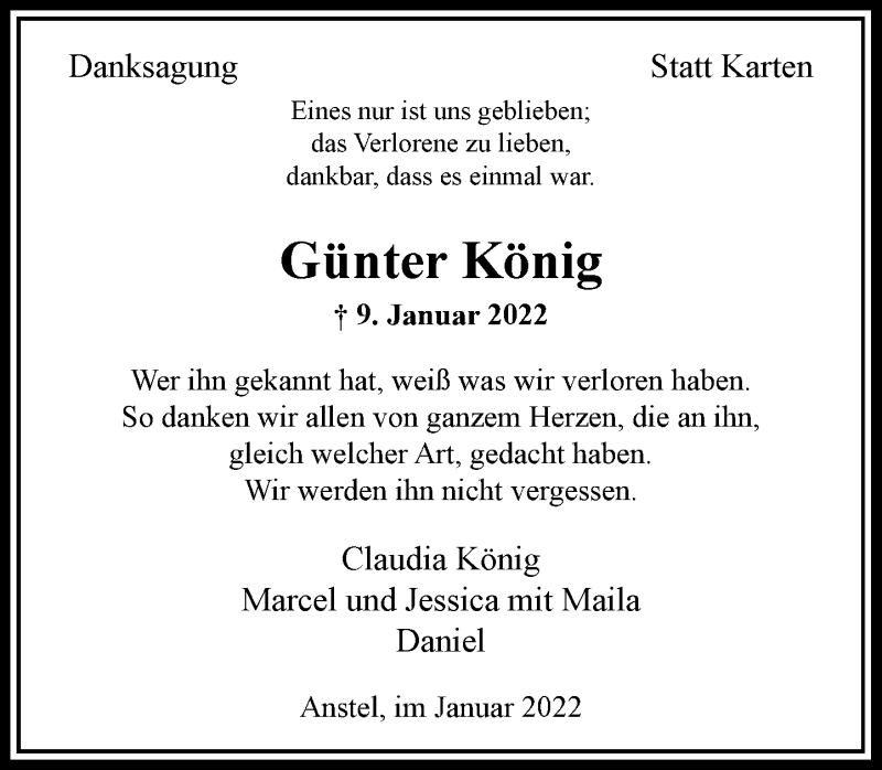  Traueranzeige für Günter König vom 26.01.2022 aus Rheinische Post