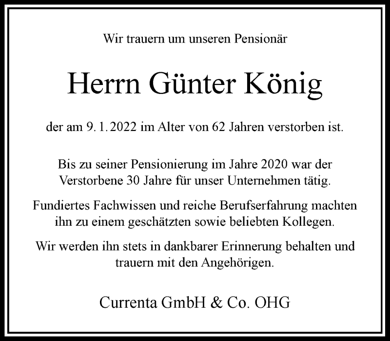  Traueranzeige für Günter König vom 27.01.2022 aus Rheinische Post