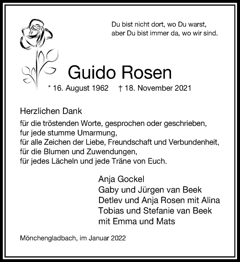  Traueranzeige für Guido Rosen vom 08.01.2022 aus Rheinische Post