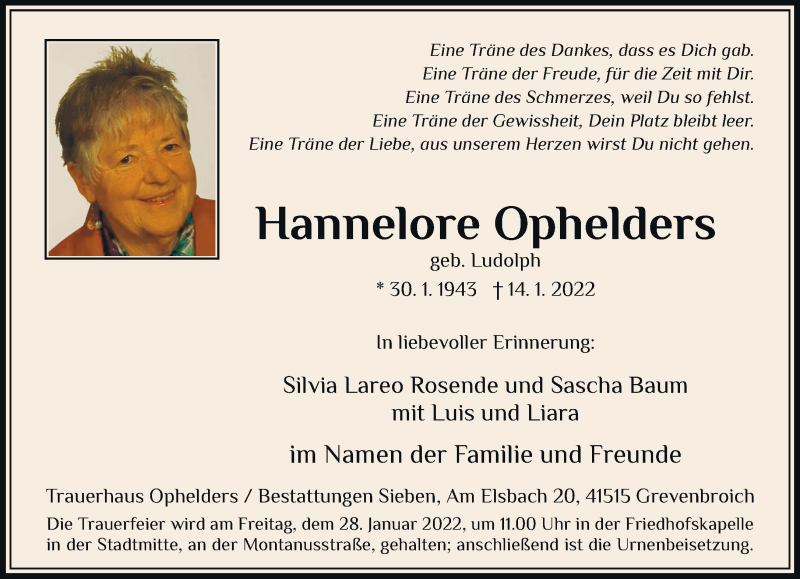  Traueranzeige für Hannelore Ophelders vom 22.01.2022 aus Rheinische Post