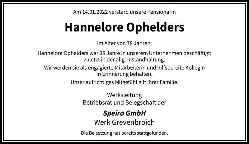  Traueranzeige für Hannelore Ophelders vom 29.01.2022 aus Rheinische Post