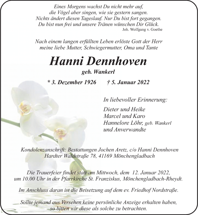  Traueranzeige für Hanni Dennhoven vom 08.01.2022 aus Rheinische Post