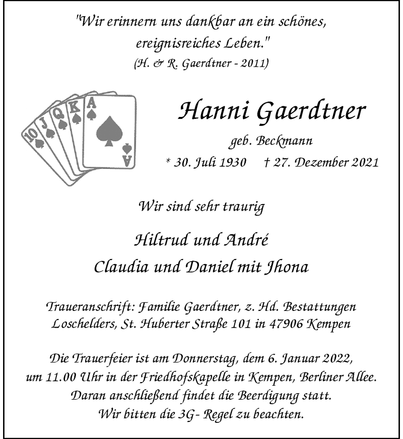  Traueranzeige für Hanni Gaerdtner vom 03.01.2022 aus Rheinische Post