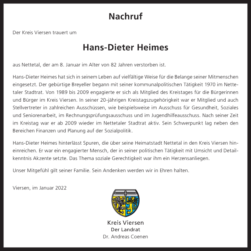  Traueranzeige für Hans-Dieter Heimes vom 15.01.2022 aus Rheinische Post