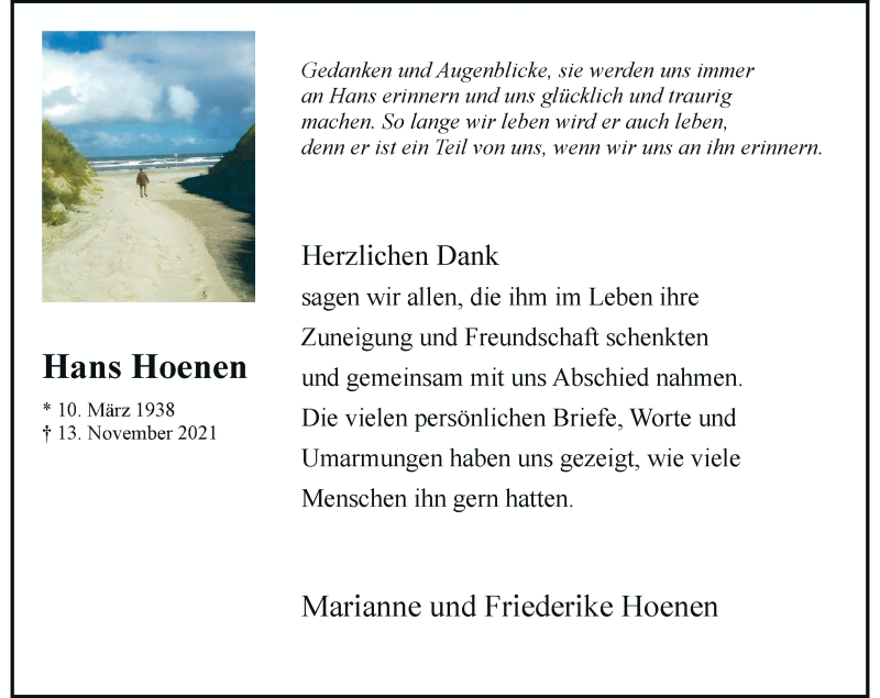  Traueranzeige für Hans Hoenen vom 08.01.2022 aus Rheinische Post