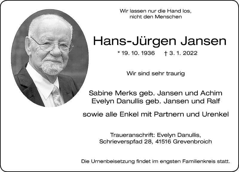  Traueranzeige für Hans-Jürgen Jansen vom 15.01.2022 aus Rheinische Post