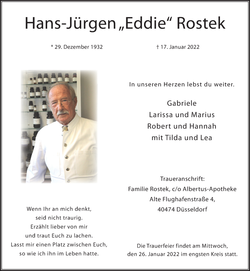  Traueranzeige für Hans-Jürgen Rostek vom 22.01.2022 aus Rheinische Post