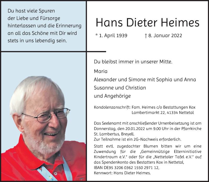  Traueranzeige für Hans Dieter Heimes vom 18.01.2022 aus Rheinische Post
