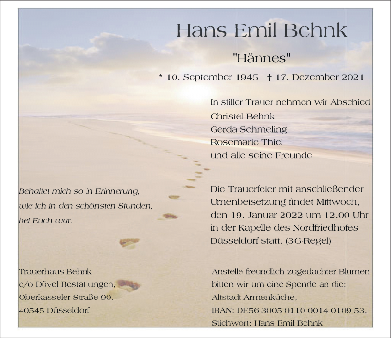 Traueranzeige für Hans Emil Behnk vom 15.01.2022 aus Rheinische Post