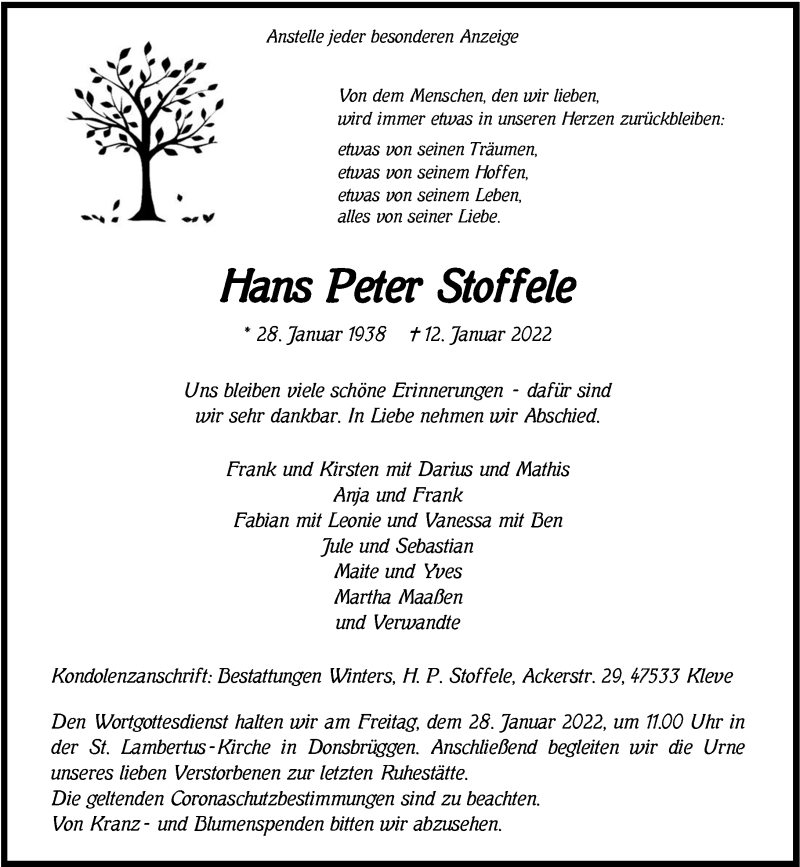  Traueranzeige für Hans Peter Stoffele vom 19.01.2022 aus Rheinische Post