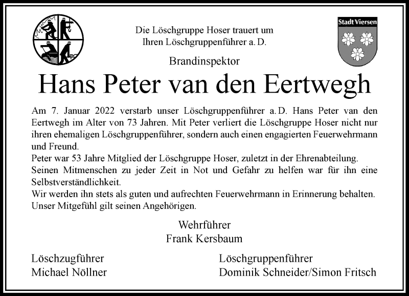  Traueranzeige für Hans Peter van den Eertwegh vom 15.01.2022 aus Rheinische Post