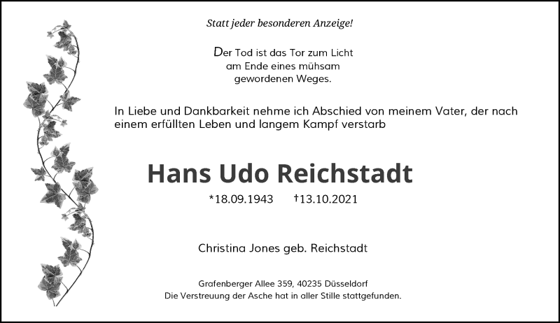  Traueranzeige für Hans Udo Reichstadt vom 08.01.2022 aus Rheinische Post