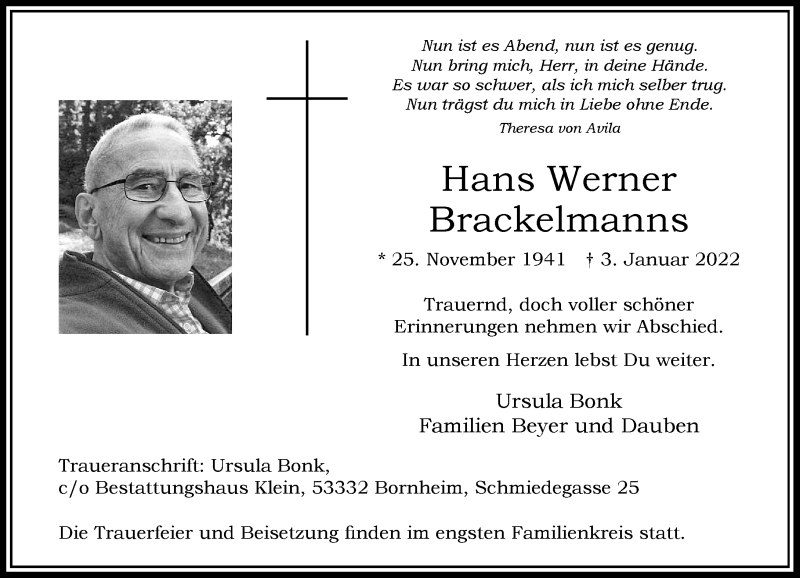  Traueranzeige für Hans Werner Brackelmanns vom 12.01.2022 aus Rheinische Post
